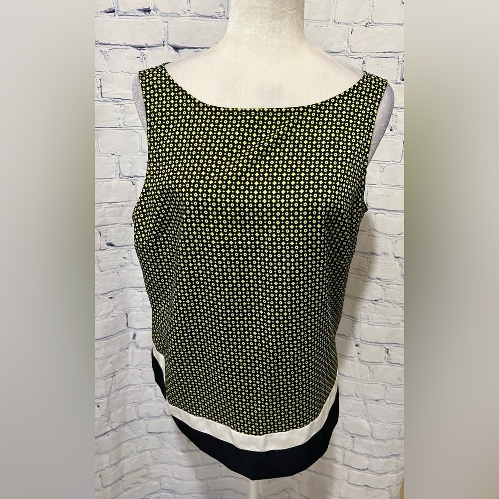 LOFT Women's Top Blouse Navy Blue Lime Green Tie Back Geometric Large Petite